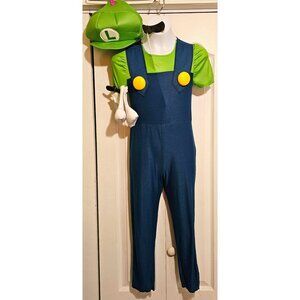 Luigi Costume Girls 10-12 Mustache Stick Gloves Hat Jumpsuit Super Mario Cute